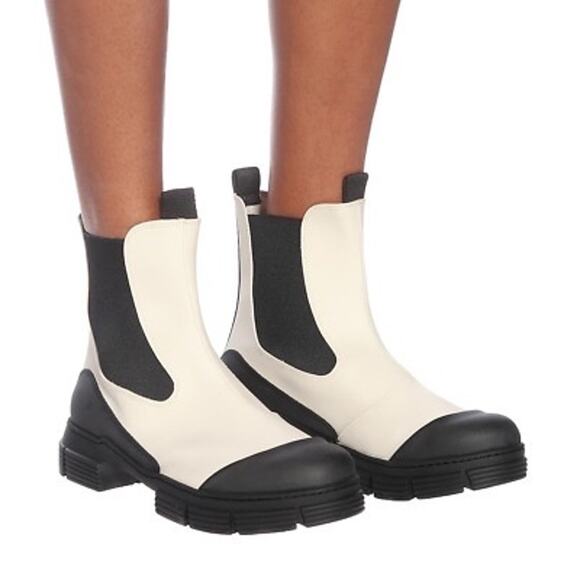 Ganni Waterproof Recycled Rubber City Boot in Brazilian Sand Cream Black FLAW 41 - Picture 8 of 8